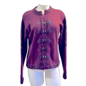 Caamana 100% Alpaca Hand Knit zippered floral Cardigan SMALL Made in Peru